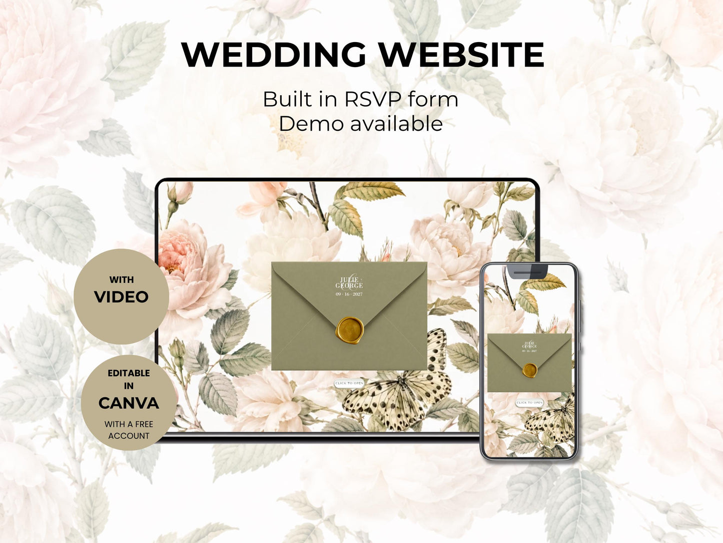 Wedding Invitation Website with Video and RSVP, Animated Digital Wedding Invite, Floral Sage Green Elegant Online Invitation