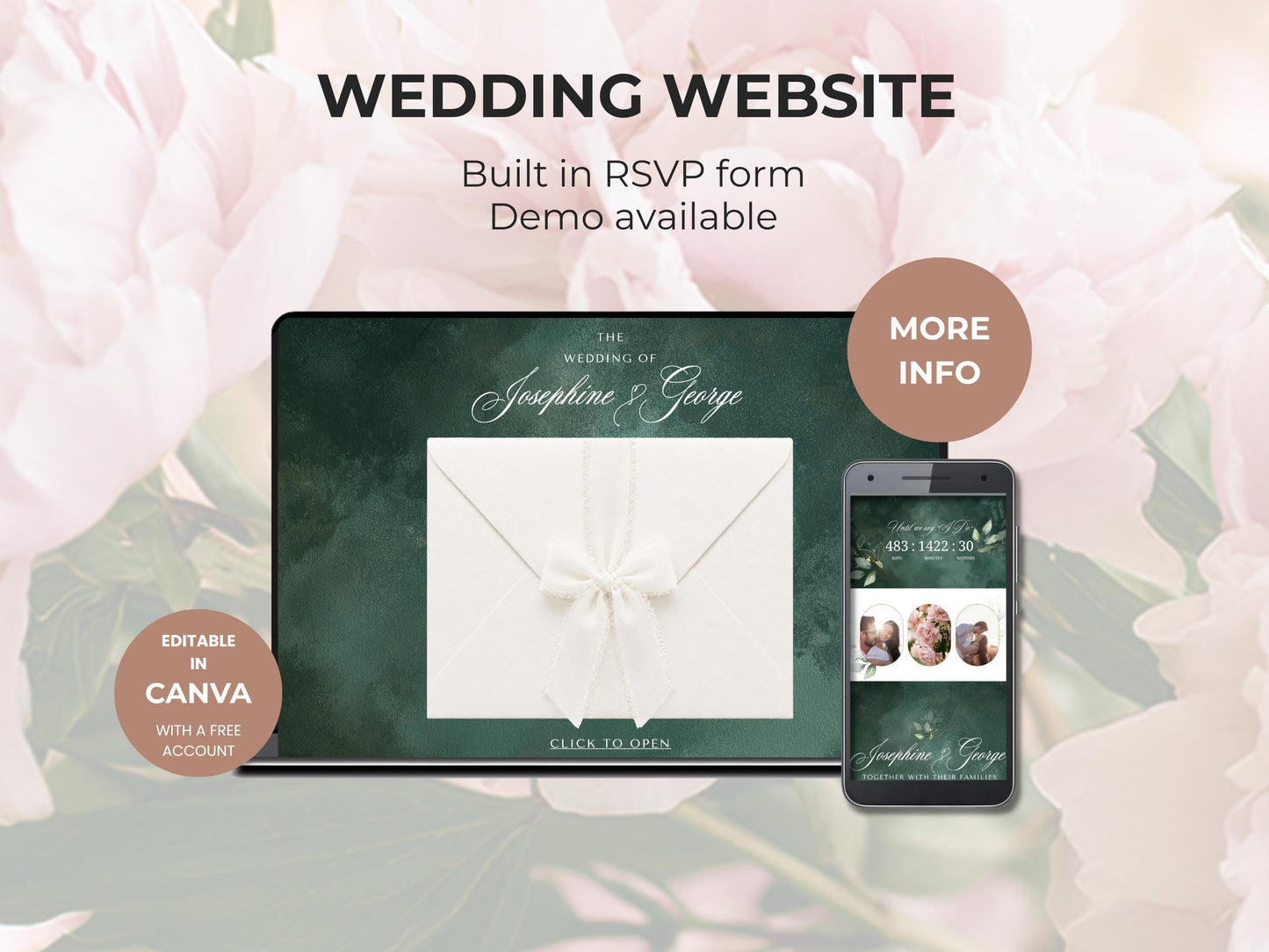 Custom Wedding Website Design, Editable Canva Template, Digital Wedding Invitation Website with RSVP, Online Save the Date Link