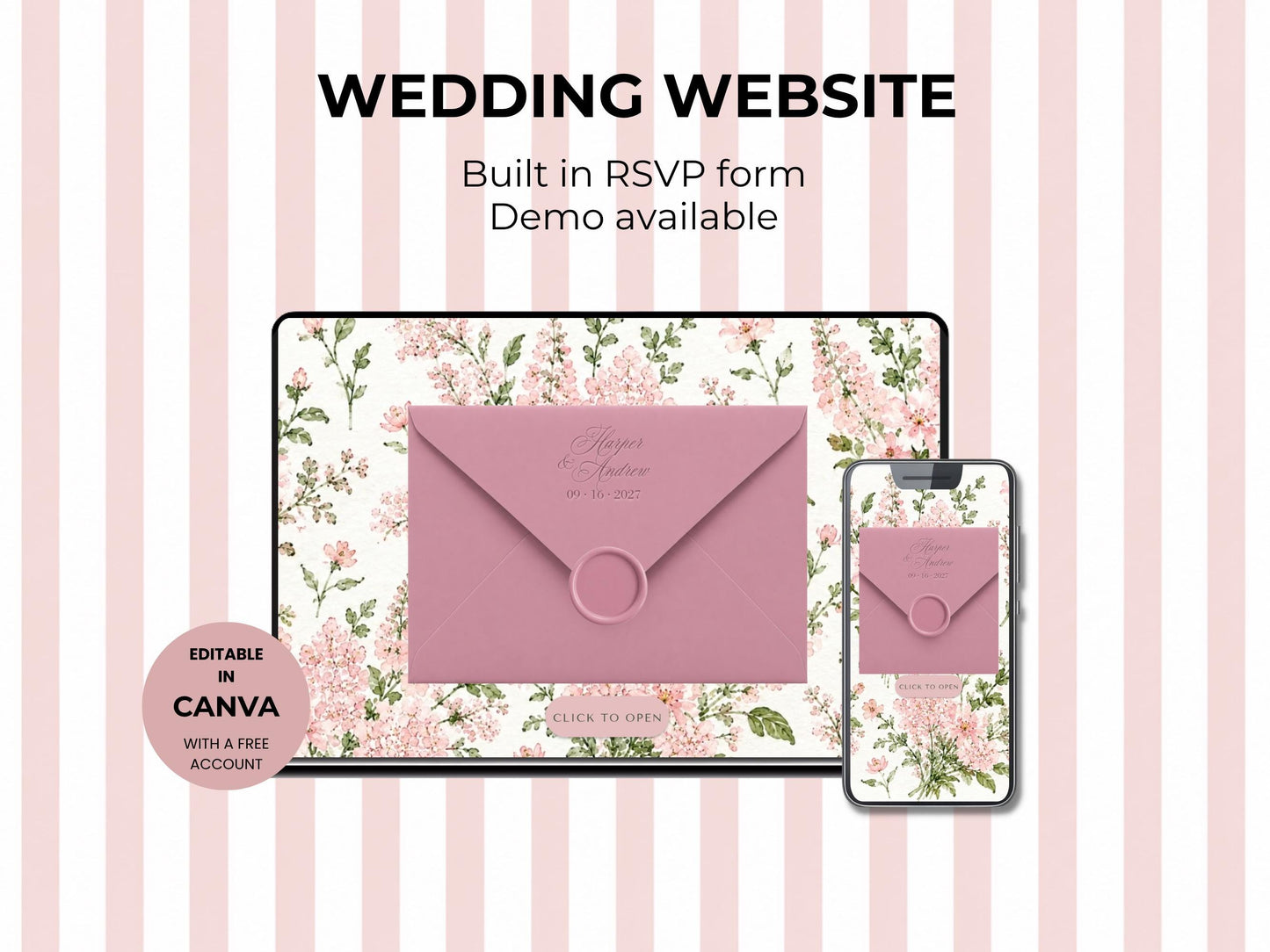 Dusty Pink Castle Wedding Website Template, Editable Canva Wedding Website, Fairytale Digital Invitation with RSVP