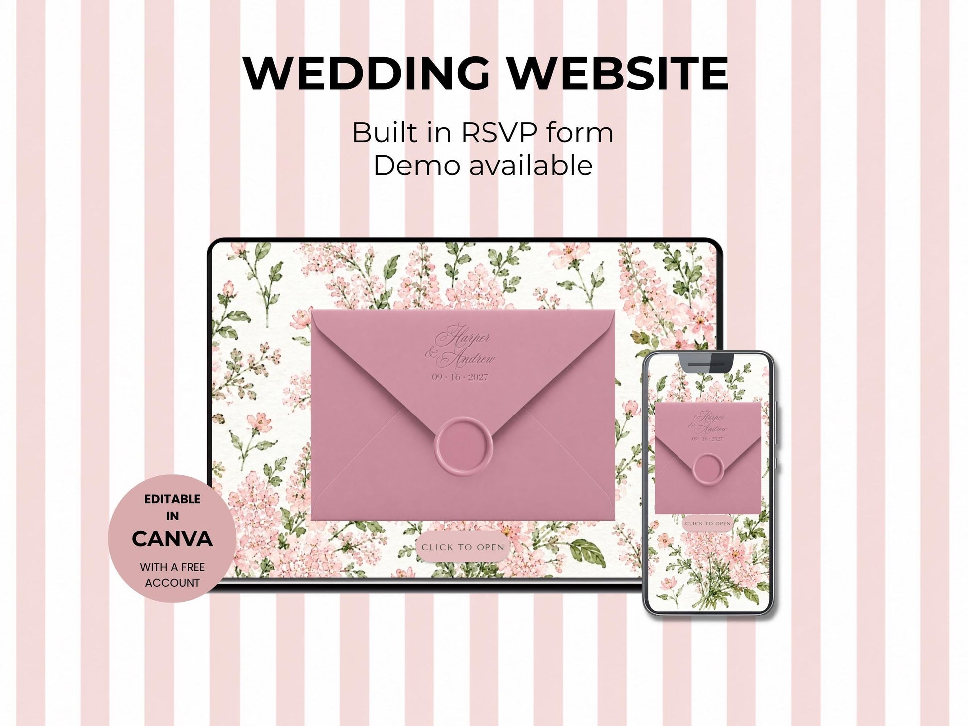 Dusty Pink Castle Wedding Website Template, Editable Canva Wedding Website, Fairytale Digital Invitation with RSVP
