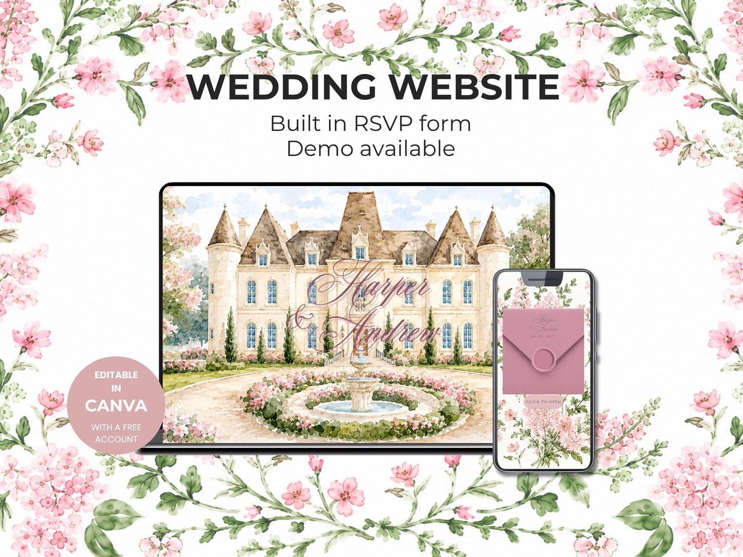 Dusty Pink Castle Wedding Website Template, Editable Canva Wedding Website, Fairytale Digital Invitation with RSVP