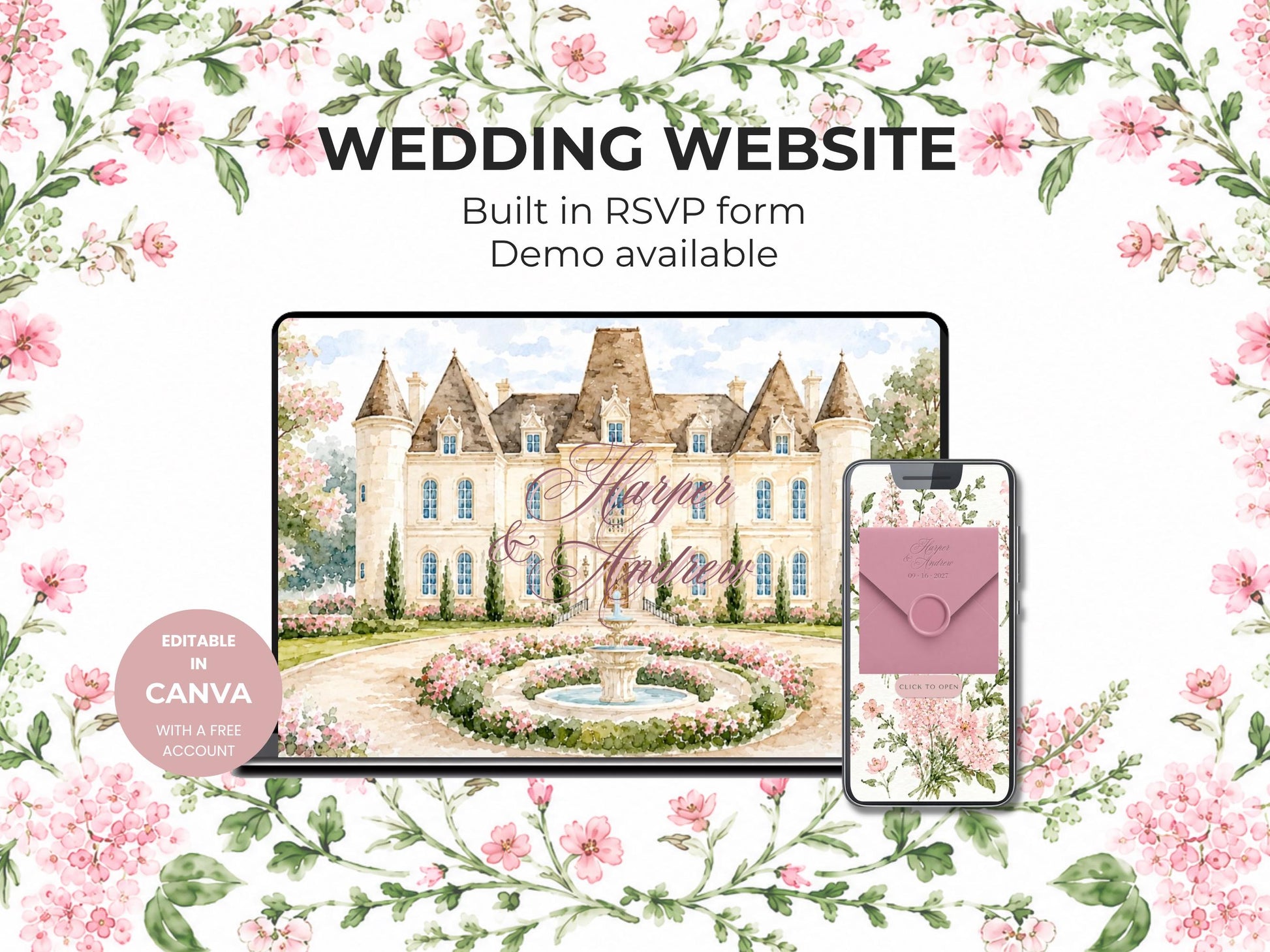Dusty Pink Castle Wedding Website Template, Editable Canva Wedding Website, Fairytale Digital Invitation with RSVP