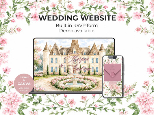 Dusty Pink Castle Wedding Website Template, Editable Canva Wedding Website, Fairytale Digital Invitation with RSVP