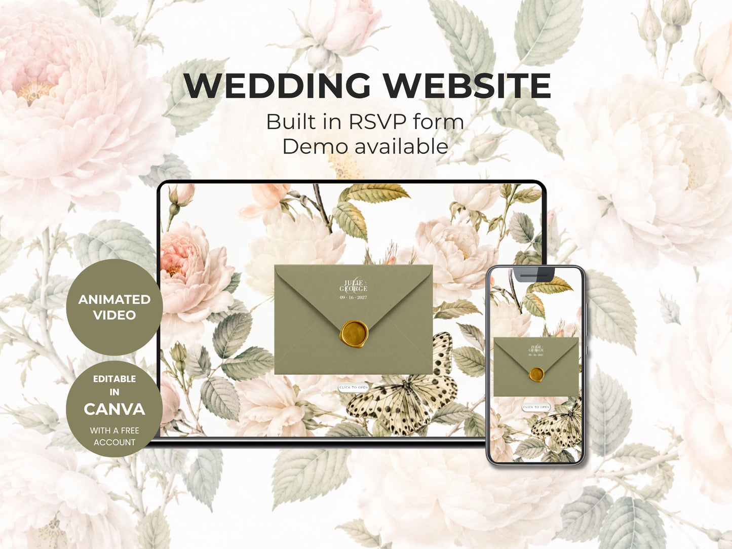 Wedding Invitation Website with Video and RSVP, Animated Digital Wedding Invite, Floral Sage Green Elegant Online Invitation