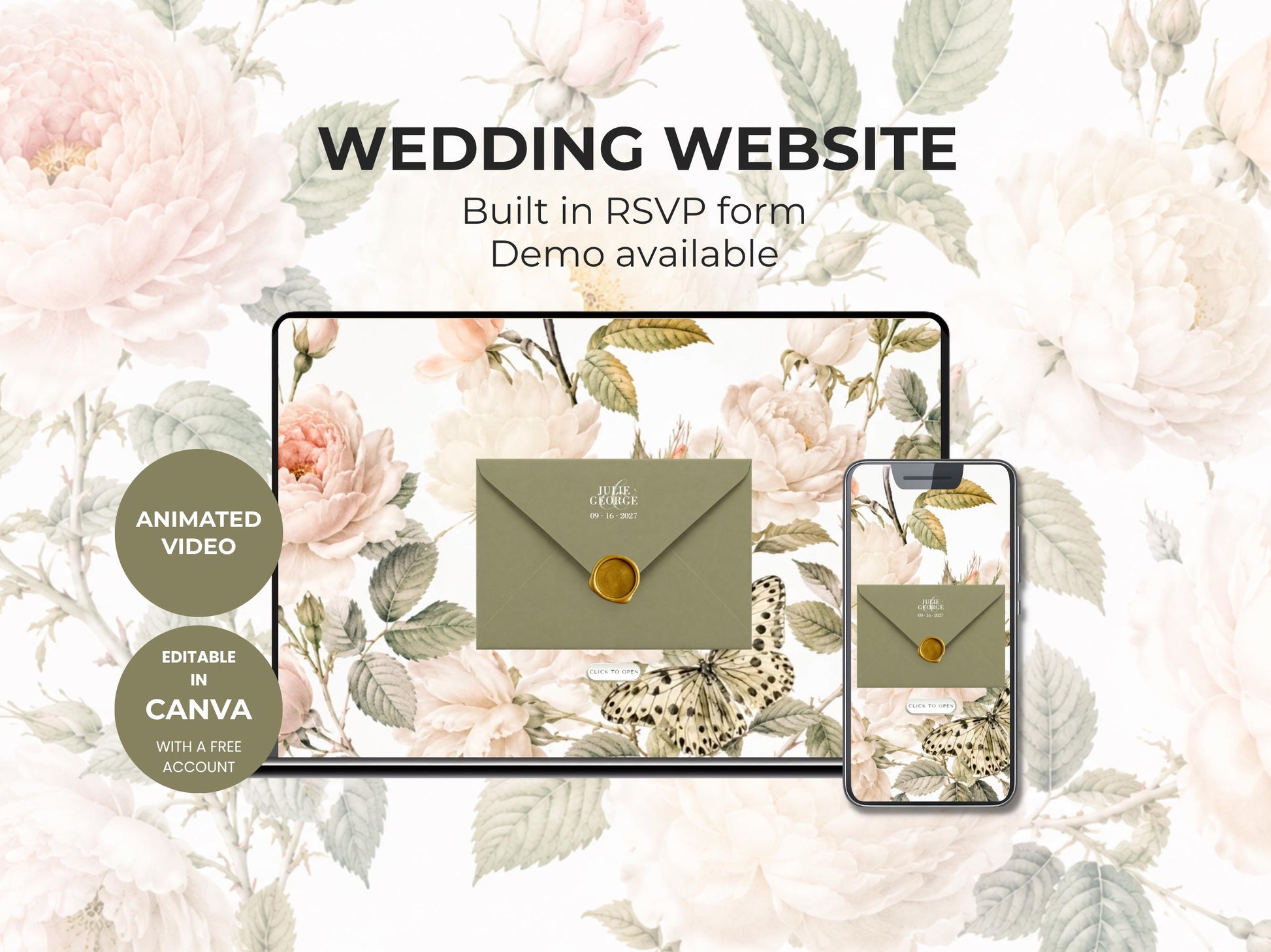 Wedding Invitation Website with Video and RSVP, Animated Digital Wedding Invite, Floral Sage Green Elegant Online Invitation