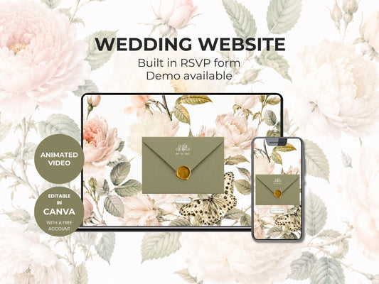 Wedding Invitation Website with Video and RSVP, Animated Digital Wedding Invite, Floral Sage Green Elegant Online Invitation