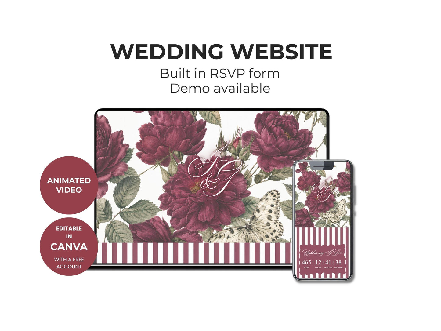 Burgundy Floral Wedding Website Template, Editable Canva Wedding Invitation Website with RSVP, Animated Video Invite