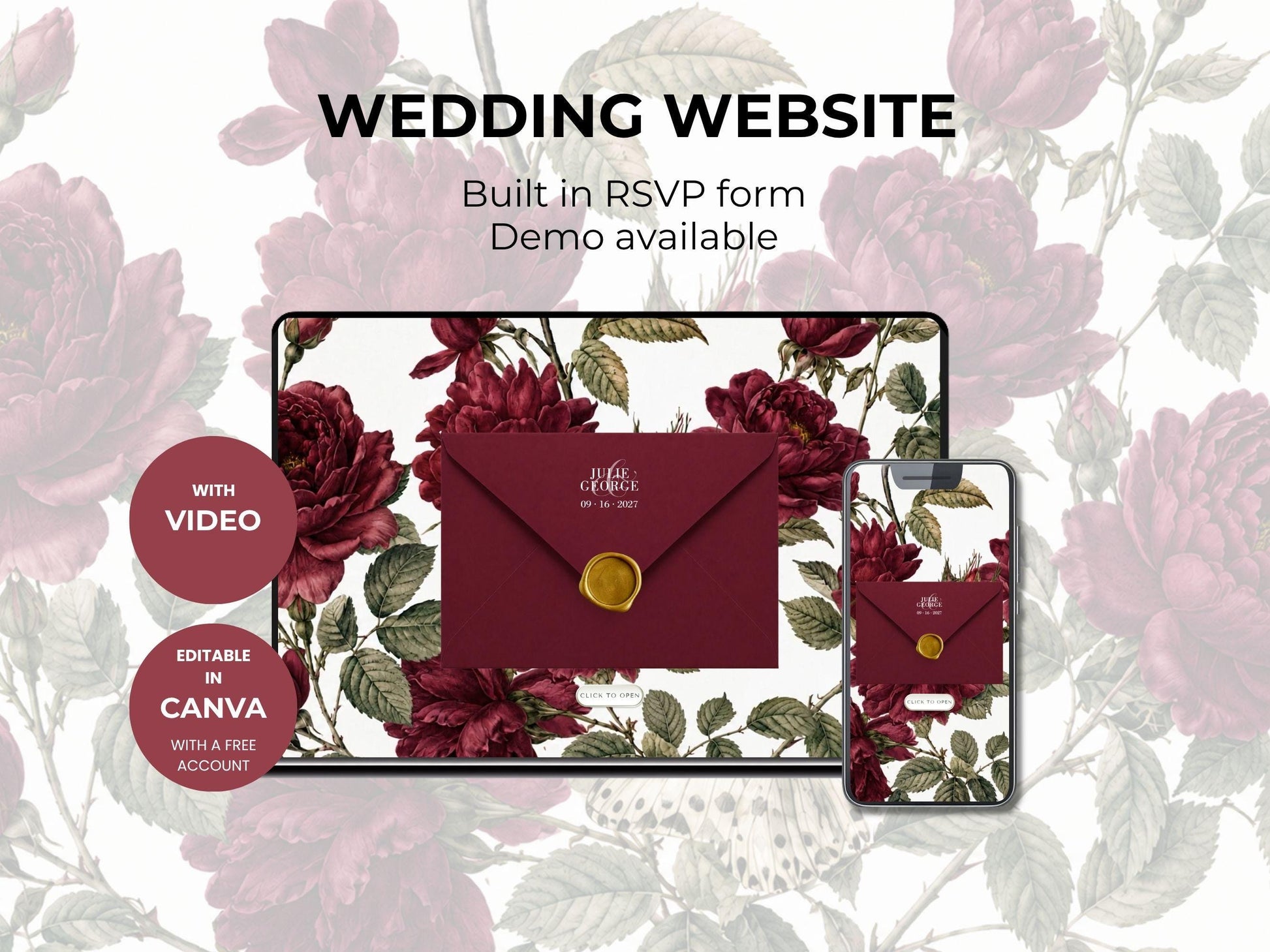 Burgundy Floral Wedding Website Template, Editable Canva Wedding Invitation Website with RSVP, Animated Video Invite