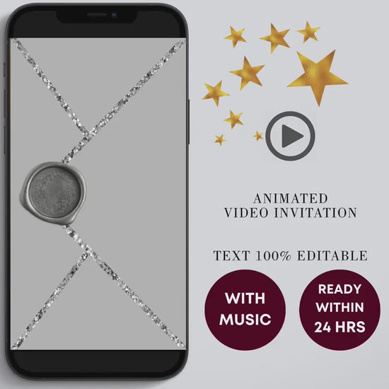 Digital Silver Birthday Dinner Video Invitation, Electronic Dinner Party Invite, Silver Glitter Dripping, Editable Invitation, Any Age