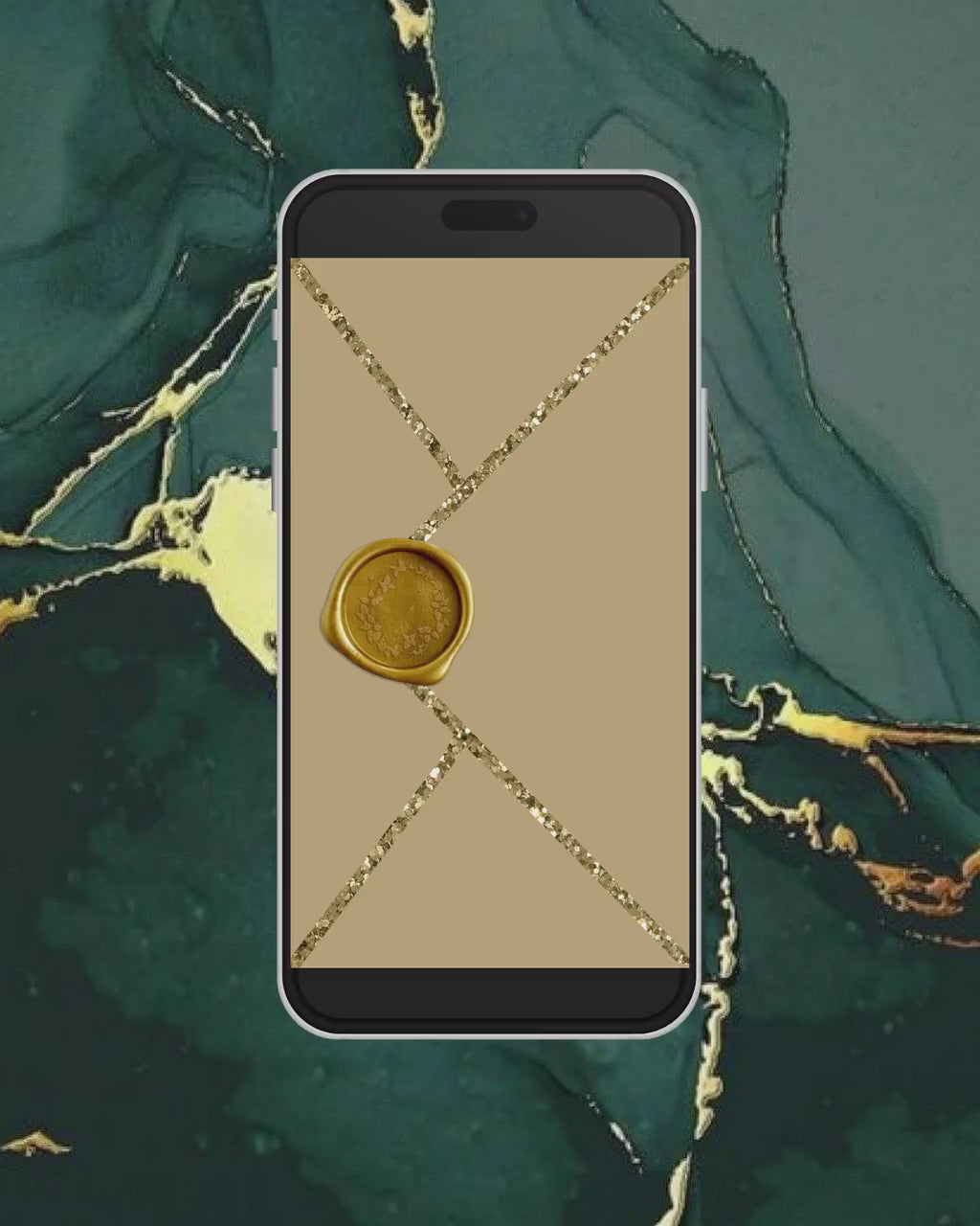 White floral frame Wedding Invitation with glitter dust particles, electronic wedding invite with opening gold envelope and digital stamp