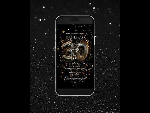 Digital birthday dinner invitation,women birthday invitation Party, Animated Black and Gold Balloons Birthday video Invite,Editable Template