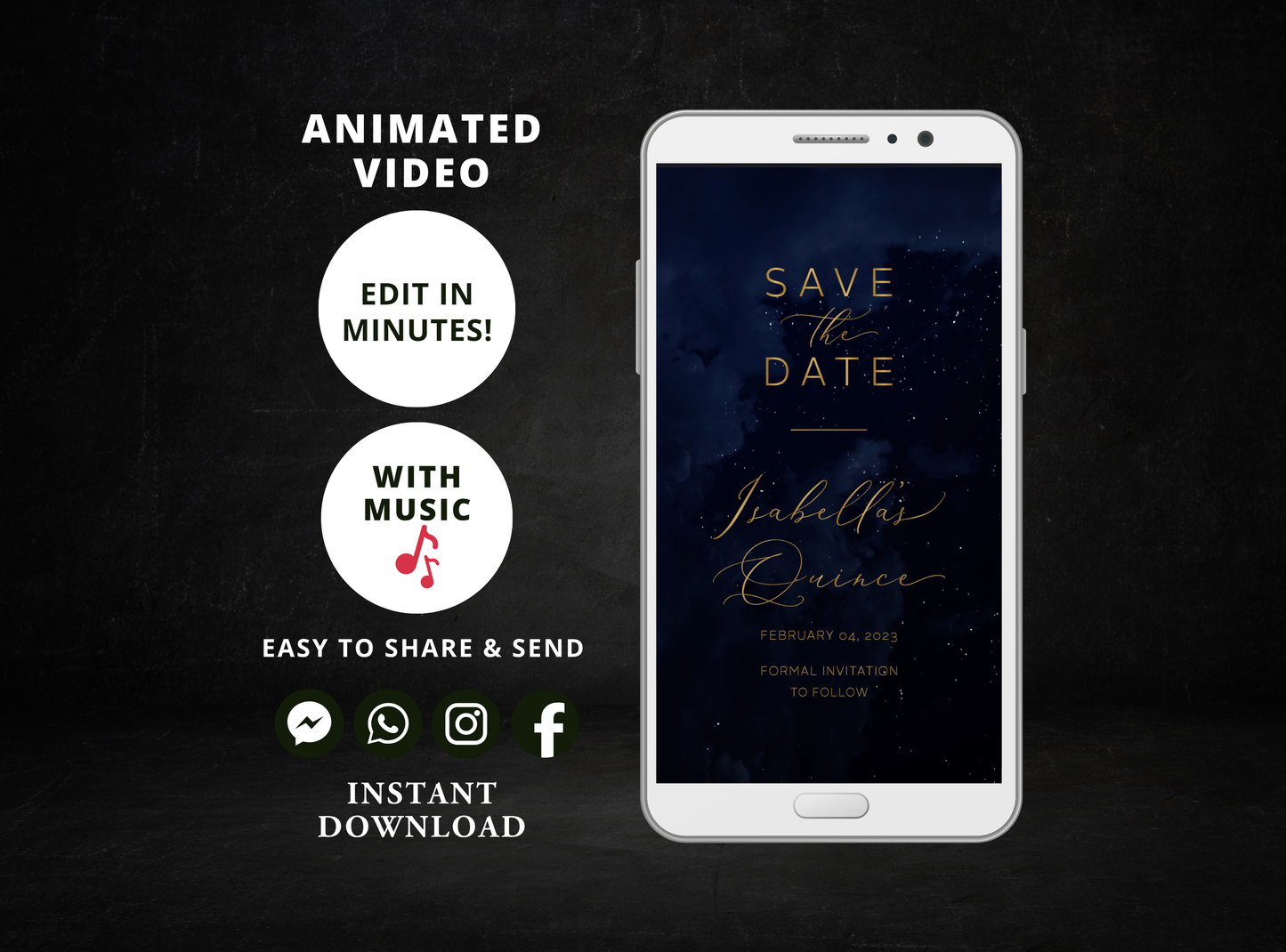 Quinceañera video invitation, Mis Quince invite, Quinceañera EDITABLE TEMPLATE, Starry Night Save the Date