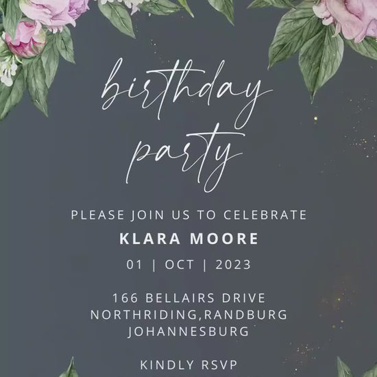 Digital birthday video invitation, Gold Editable Invite, Personalized animated invitations Any Age, Instant Download, Pink peonies Ecard