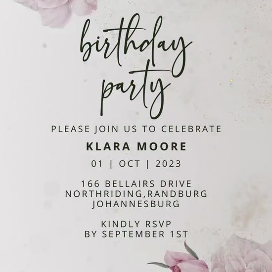 Digital birthday video invitation, Gold Editable Invite, Personalized animated invitations Any Age, Instant Download, Floral Ecard Template