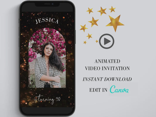Any Age Invite, Video Evite, Video Birthday Invite, Black and Gold Birthday, Animated Invitation, Invite with Photo, Text Invite
