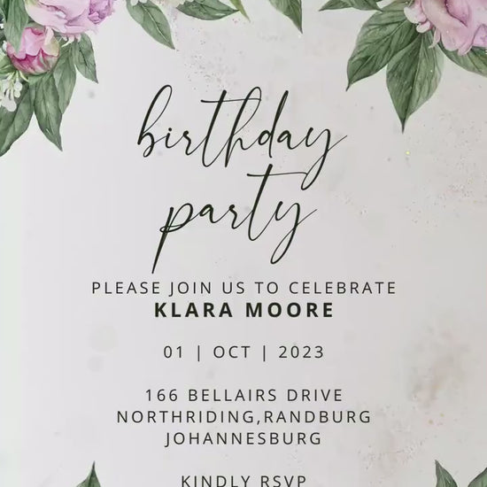 Digital birthday video invitation, Gold Editable Invite, Personalized animated invitations Any Age, Instant Download, Pink peonies Ecard