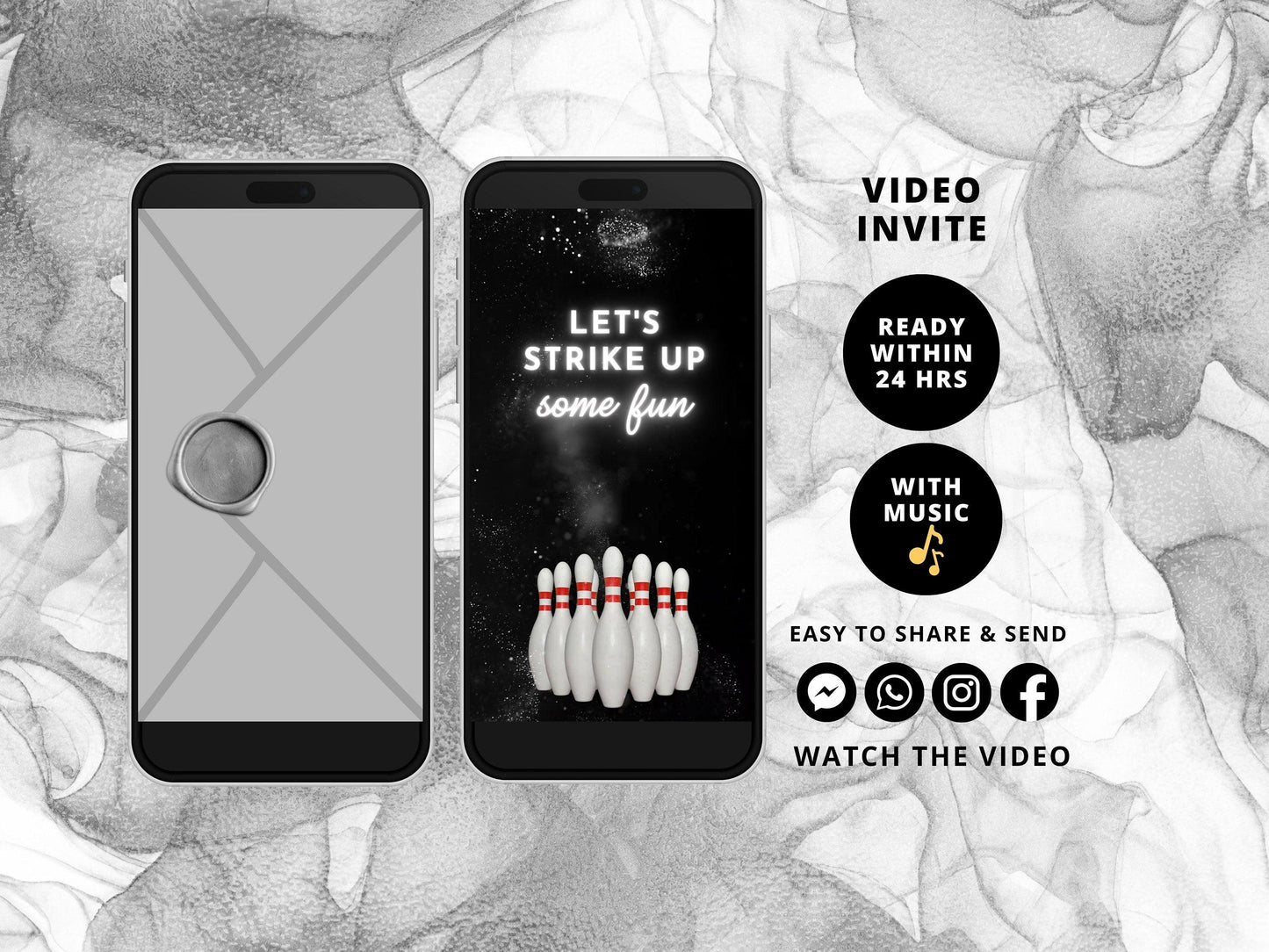 Bowling Party Invitation, Birthday Invitation, Boy Bowling Invite, Pins, Let's Strike Up Some Fun, Video Invite, Glow Invitation - SAVVY PAPER CO