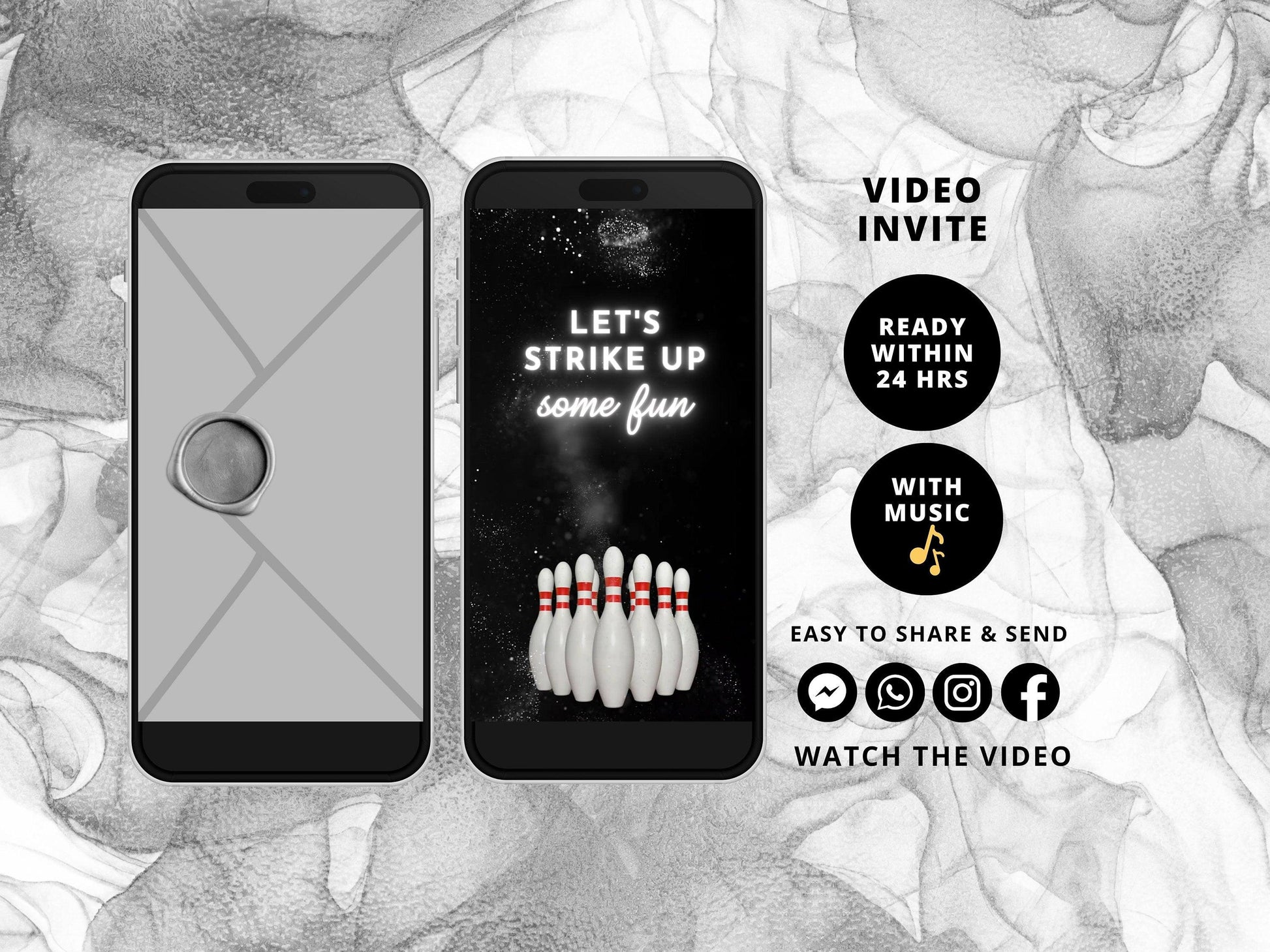 Bowling Party Invitation, Birthday Invitation, Boy Bowling Invite, Pins, Let's Strike Up Some Fun, Video Invite, Glow Invitation - SAVVY PAPER CO