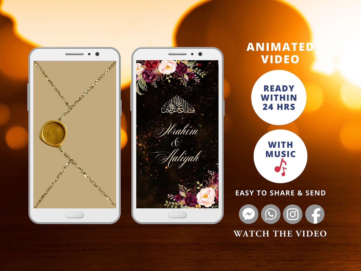 Custom Animated Nikah Invite Electronic, Muslim Wedding Invitation Digital Video, Personalized Walima Smartphone Evite, Burgundy Gold - SAVVY PAPER CO