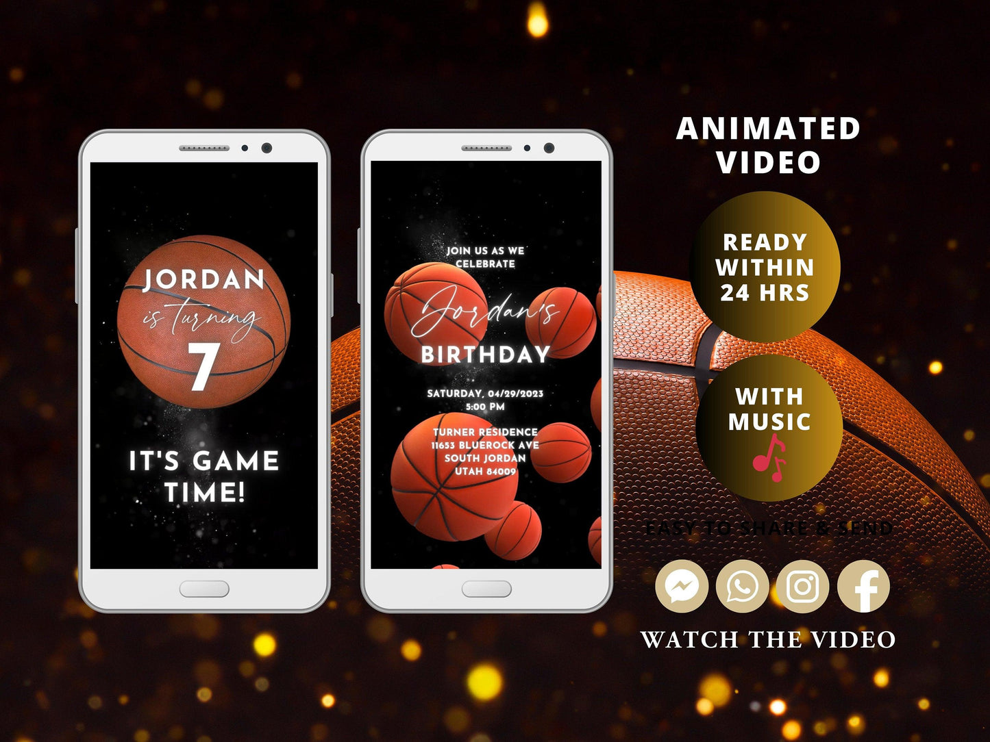 Basketball Birthday Invitation Basketball Party Invites Kids Sports Decor Boy Athletic Orange Theme Video Invitation - SAVVY PAPER CO
