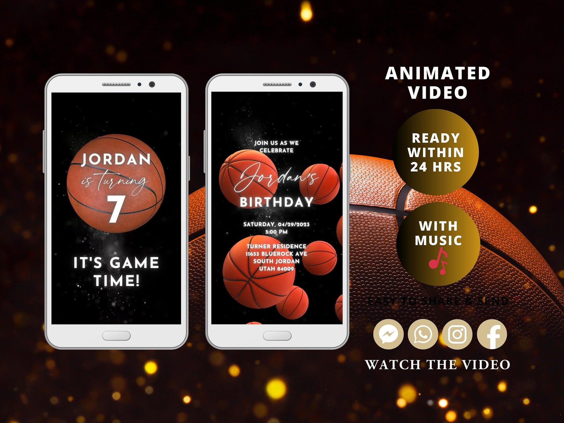 Basketball Birthday Invitation Basketball Party Invites Kids Sports Decor Boy Athletic Orange Theme Video Invitation - SAVVY PAPER CO