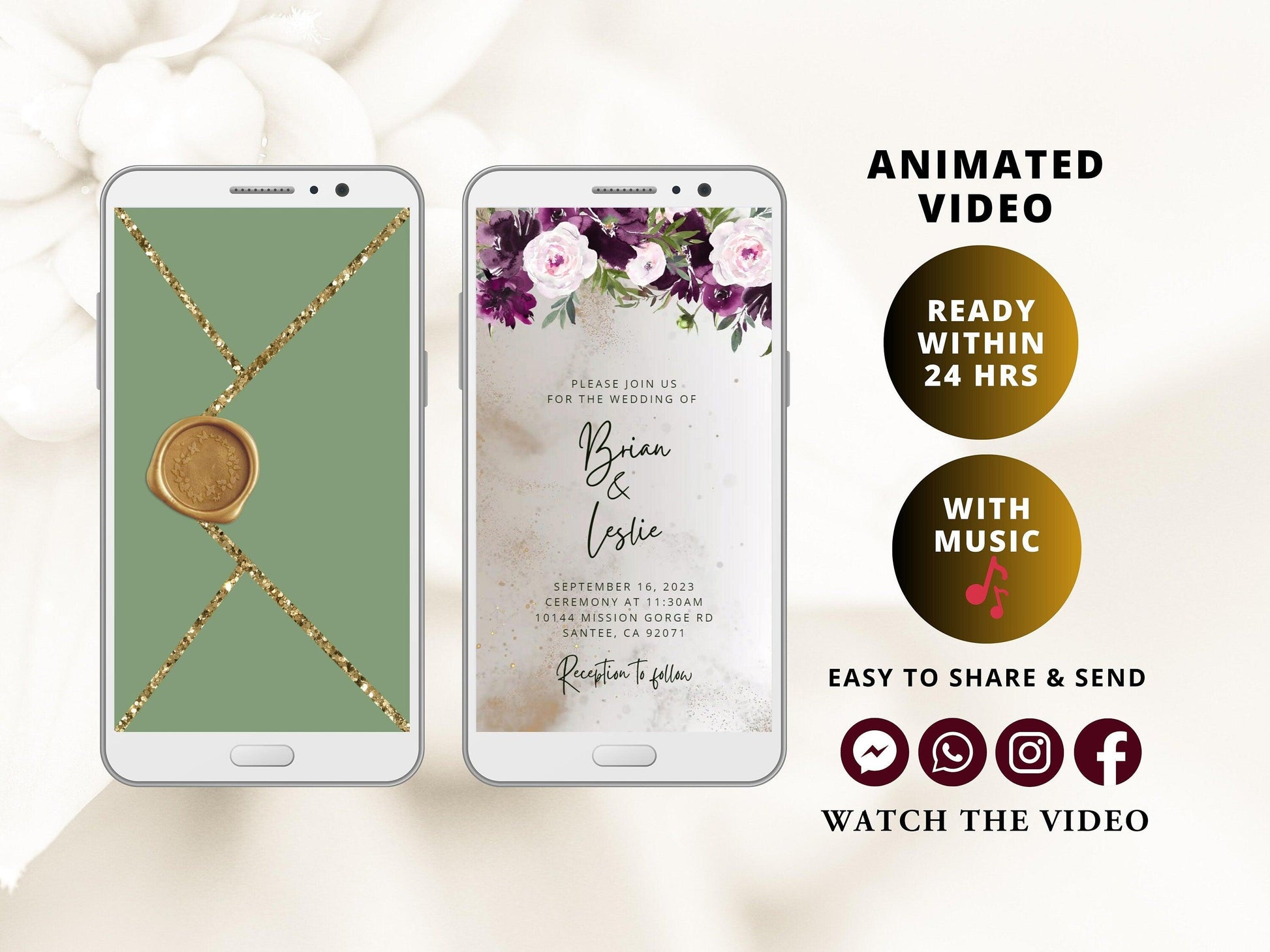 Wedding Video Invite, Electronic Animated Wedding Invitation, Custom Wedding Invite, Wedding Animated Card Sage Mauve - SAVVY PAPER CO