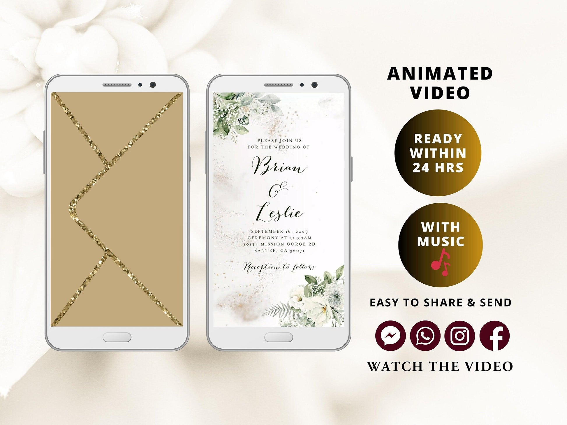 Digital Wedding Invitation with glitter dust and white flowers, electronic wedding invite with opening gold envelope - SAVVY PAPER CO