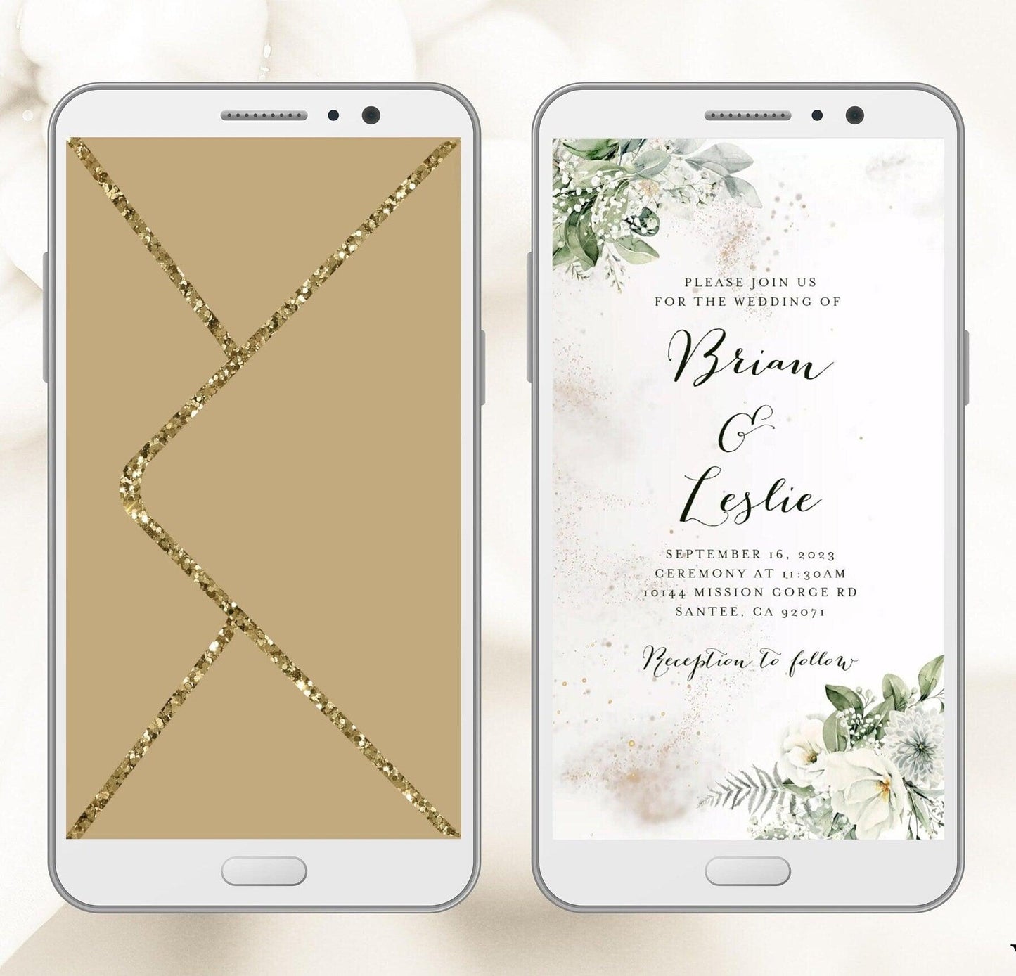 Digital Wedding Invitation with glitter dust and white flowers, electronic wedding invite with opening gold envelope - SAVVY PAPER CO