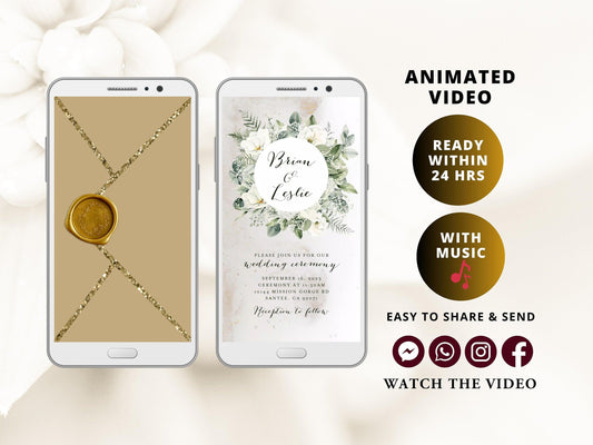 White floral frame Wedding Invitation with glitter dust particles, electronic wedding invite with opening gold envelope and digital stamp - SAVVY PAPER CO