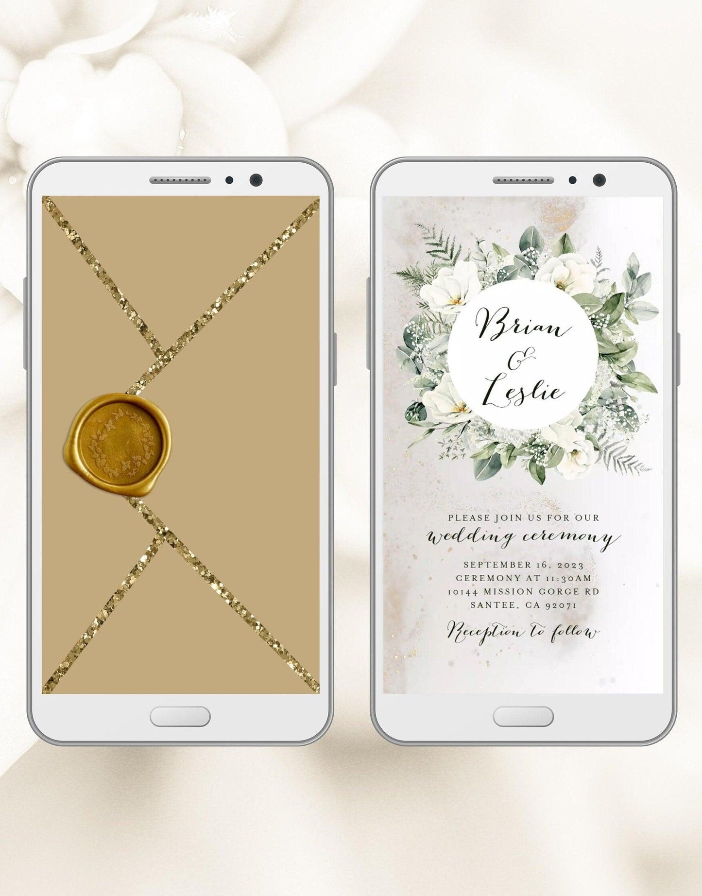 White floral frame Wedding Invitation with glitter dust particles, electronic wedding invite with opening gold envelope and digital stamp - SAVVY PAPER CO