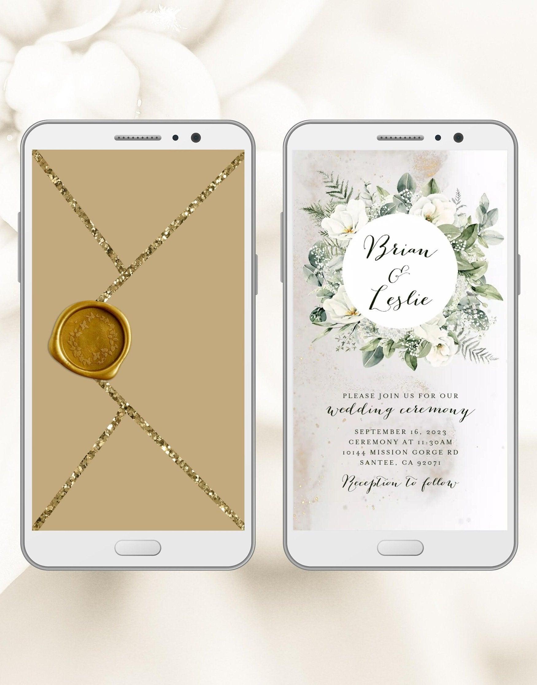 White floral frame Wedding Invitation with glitter dust particles, electronic wedding invite with opening gold envelope and digital stamp - SAVVY PAPER CO
