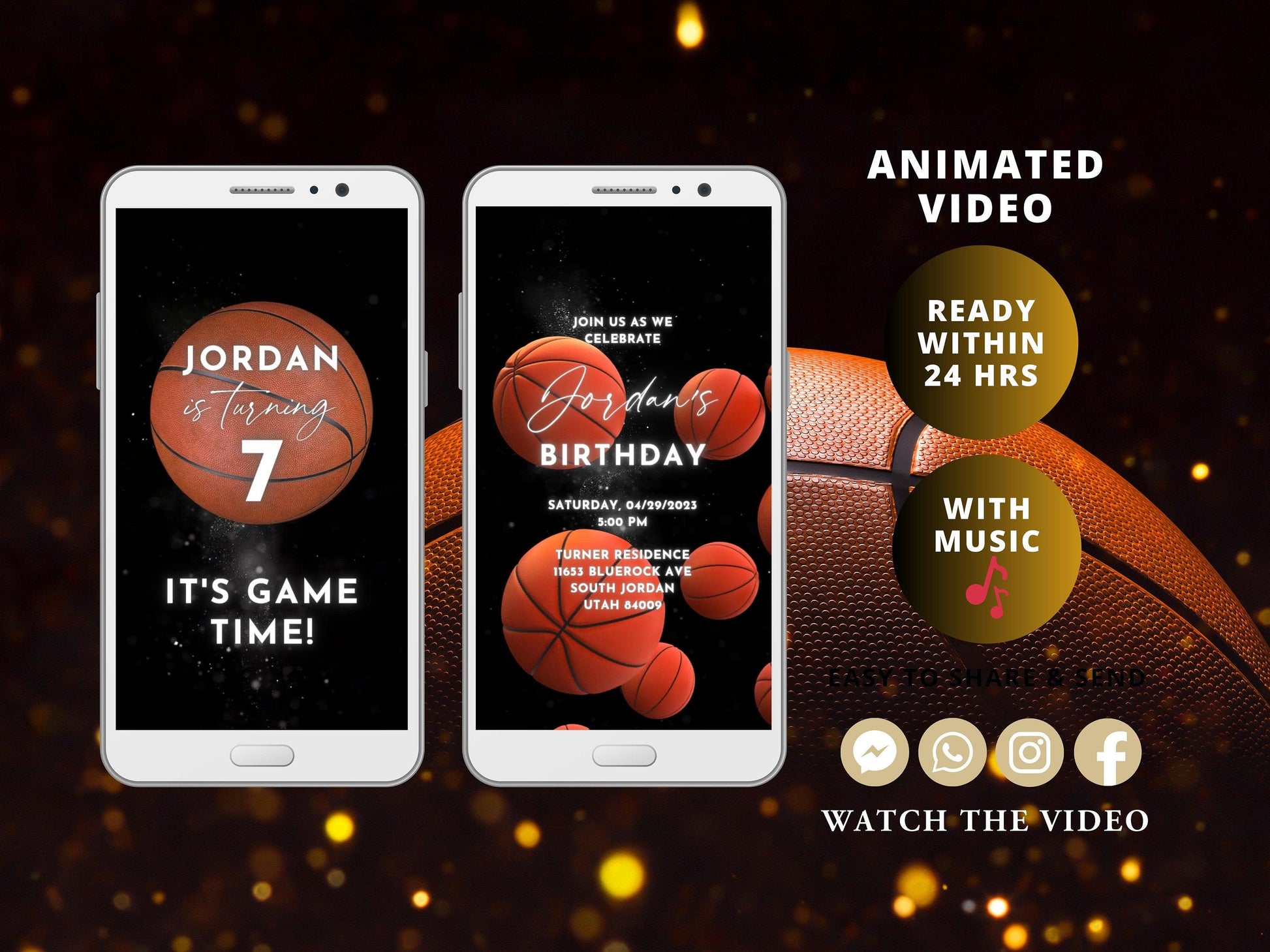 Basketball Birthday Invitation Basketball Party Invites Kids Sports Decor Boy Athletic Orange Theme Video Invitation - SAVVY PAPER CO
