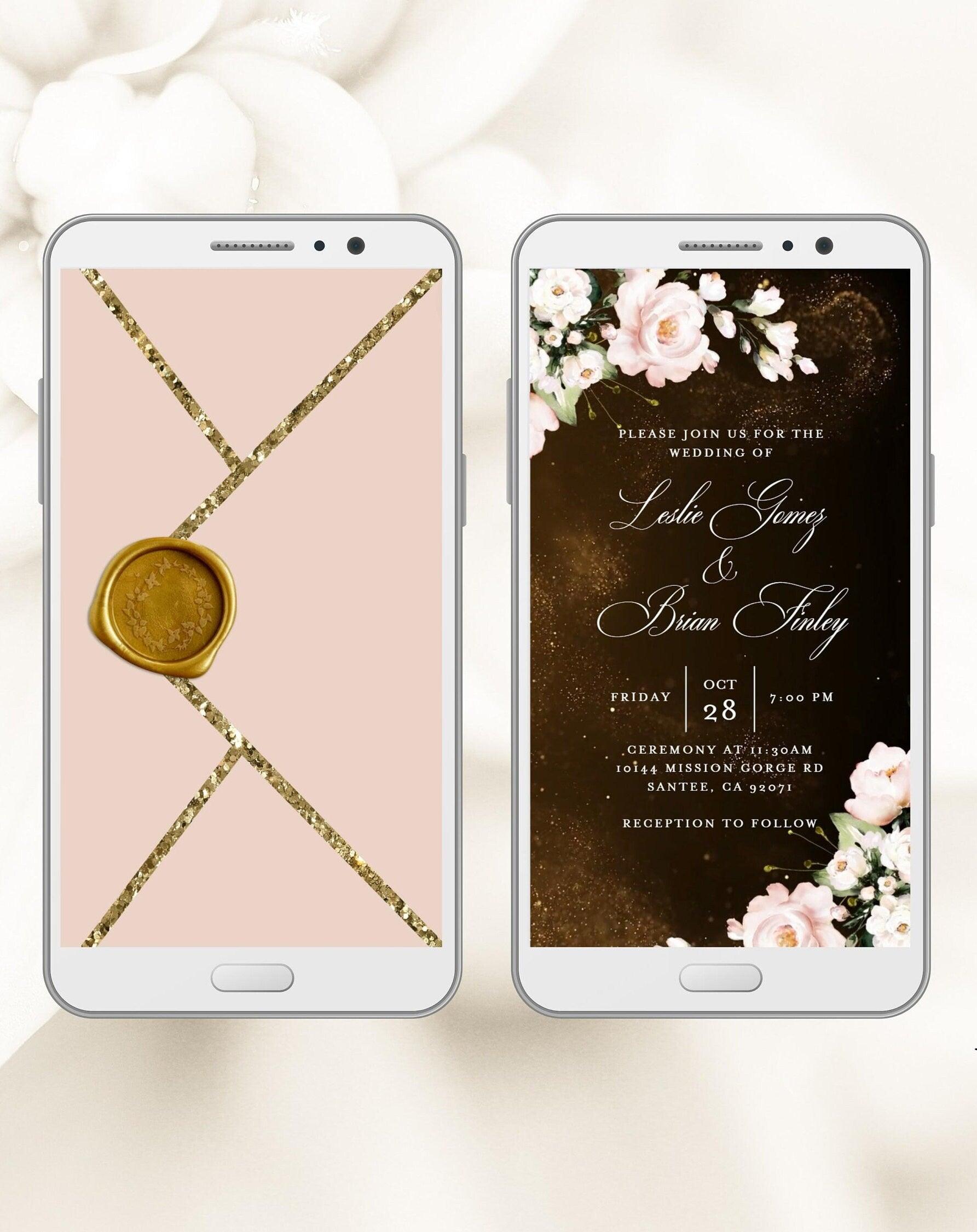 Digital Wedding Invitation with glitter dust and blush flowers, electronic wedding invite with opening pink envelope - SAVVY PAPER CO