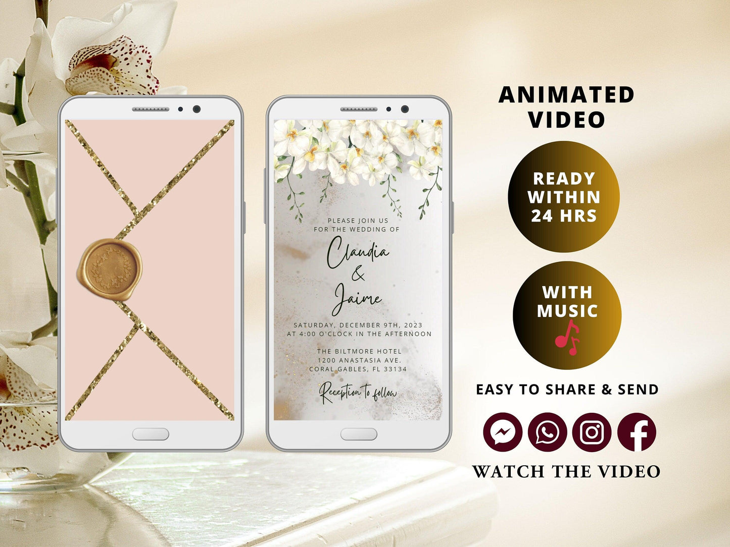 Wedding Video Invite, Electronic Animated Wedding Invitation, Custom Wedding Invite, Wedding Animated Card White Orchids - SAVVY PAPER CO