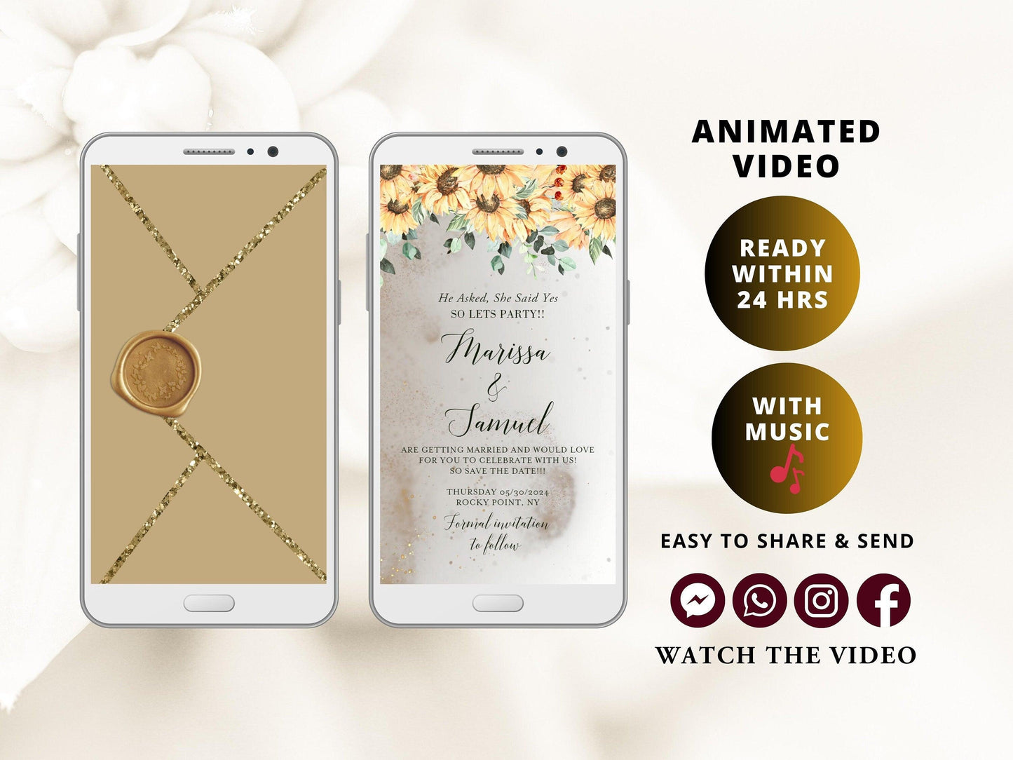 Digital Wedding Invitation with glitter dust and sunflowers, electronic wedding invite with opening gold envelope and digital stamp - SAVVY PAPER CO