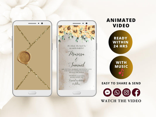 Digital Wedding Invitation with glitter dust and sunflowers, electronic wedding invite with opening gold envelope and digital stamp - SAVVY PAPER CO