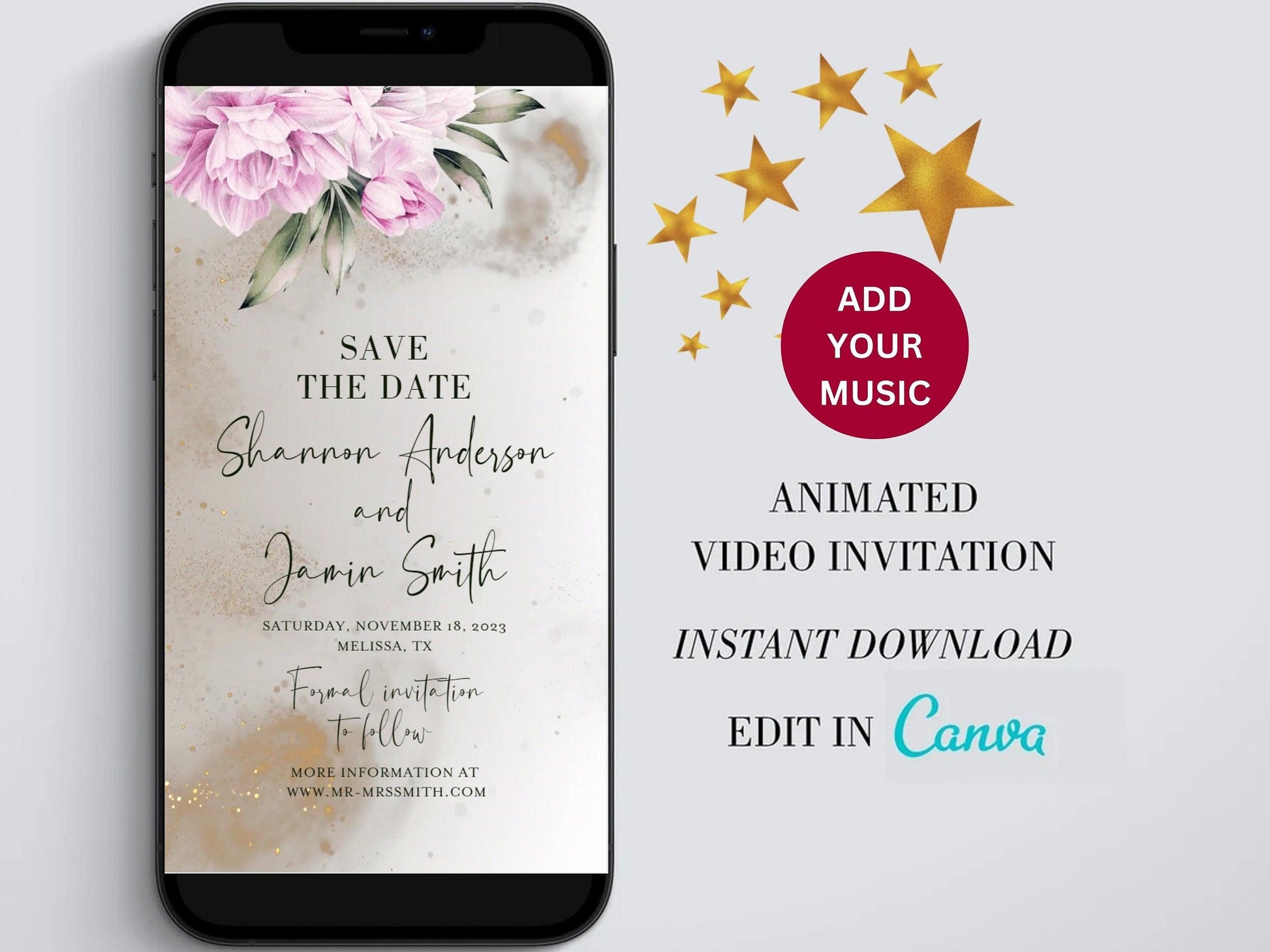 Wedding Video Invitation, Animated Floral Invite, Gold Wedding Invites, Save the date Video Evite, Electronic Invitation Template - SAVVY PAPER CO