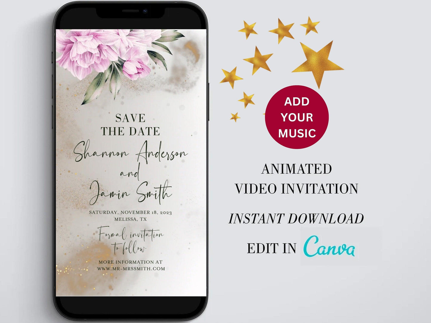 Wedding Video Invitation, Animated Floral Invite, Gold Wedding Invites, Save the date Video Evite, Electronic Invitation Template - SAVVY PAPER CO