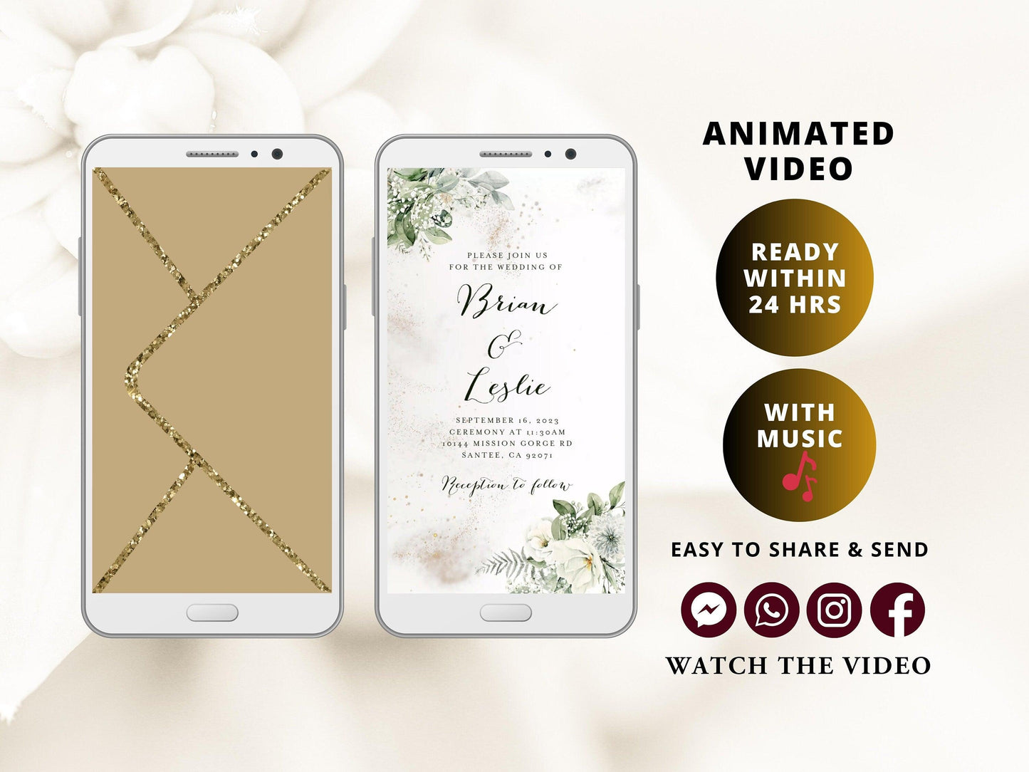 Digital Wedding Invitation with glitter dust and white flowers, electronic wedding invite with opening gold envelope - SAVVY PAPER CO