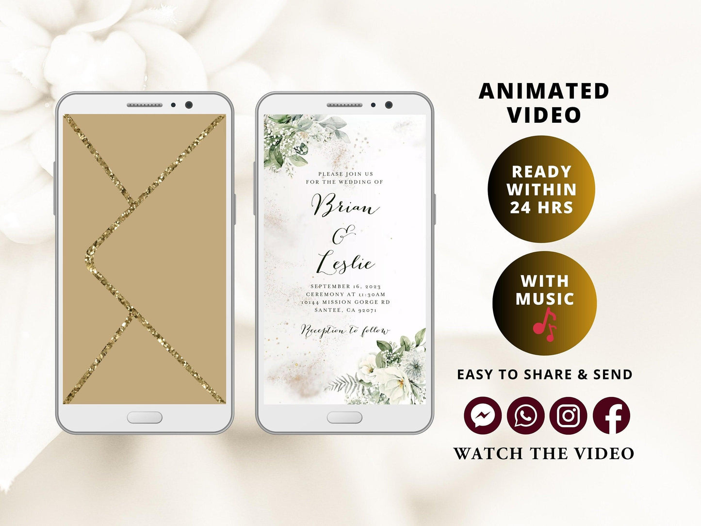 Digital Wedding Invitation with glitter dust and white flowers, electronic wedding invite with opening gold envelope - SAVVY PAPER CO