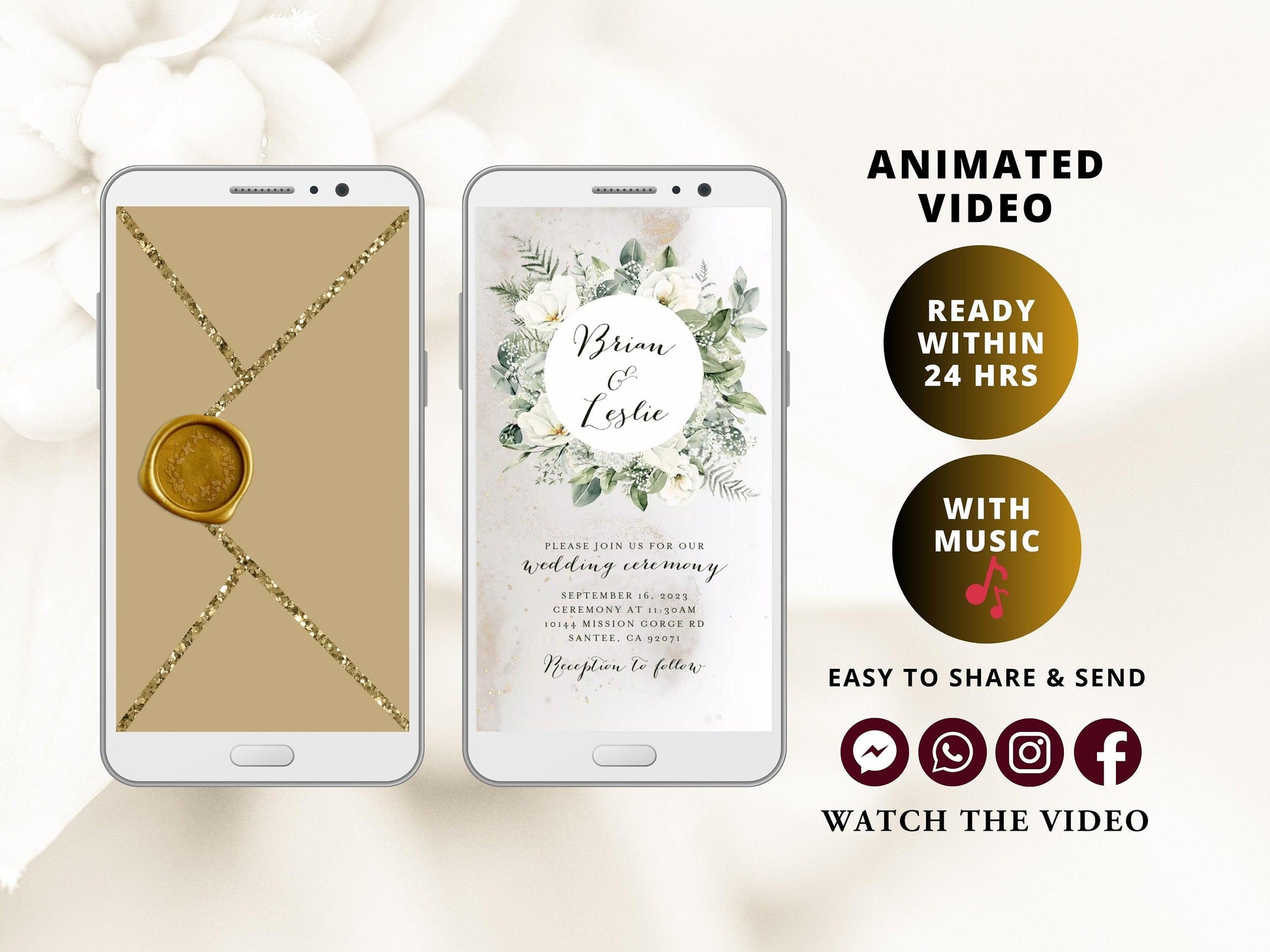 White floral frame Wedding Invitation with glitter dust particles, electronic wedding invite with opening gold envelope and digital stamp - SAVVY PAPER CO