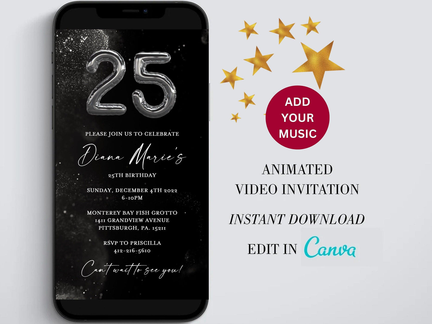 Electronic 25th Birthday Invitation Template, Digital Birthday Invite, Silver Glitter, Instant Download Balloons Birthday Evite - SAVVY PAPER CO