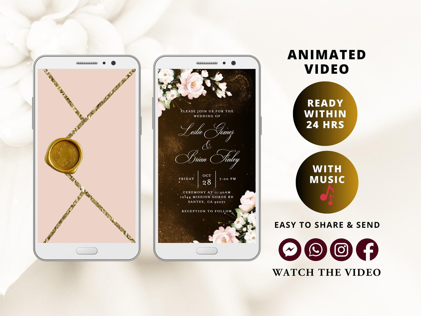 Digital Wedding Invitation with glitter dust and blush flowers, electronic wedding invite with opening pink envelope - SAVVY PAPER CO