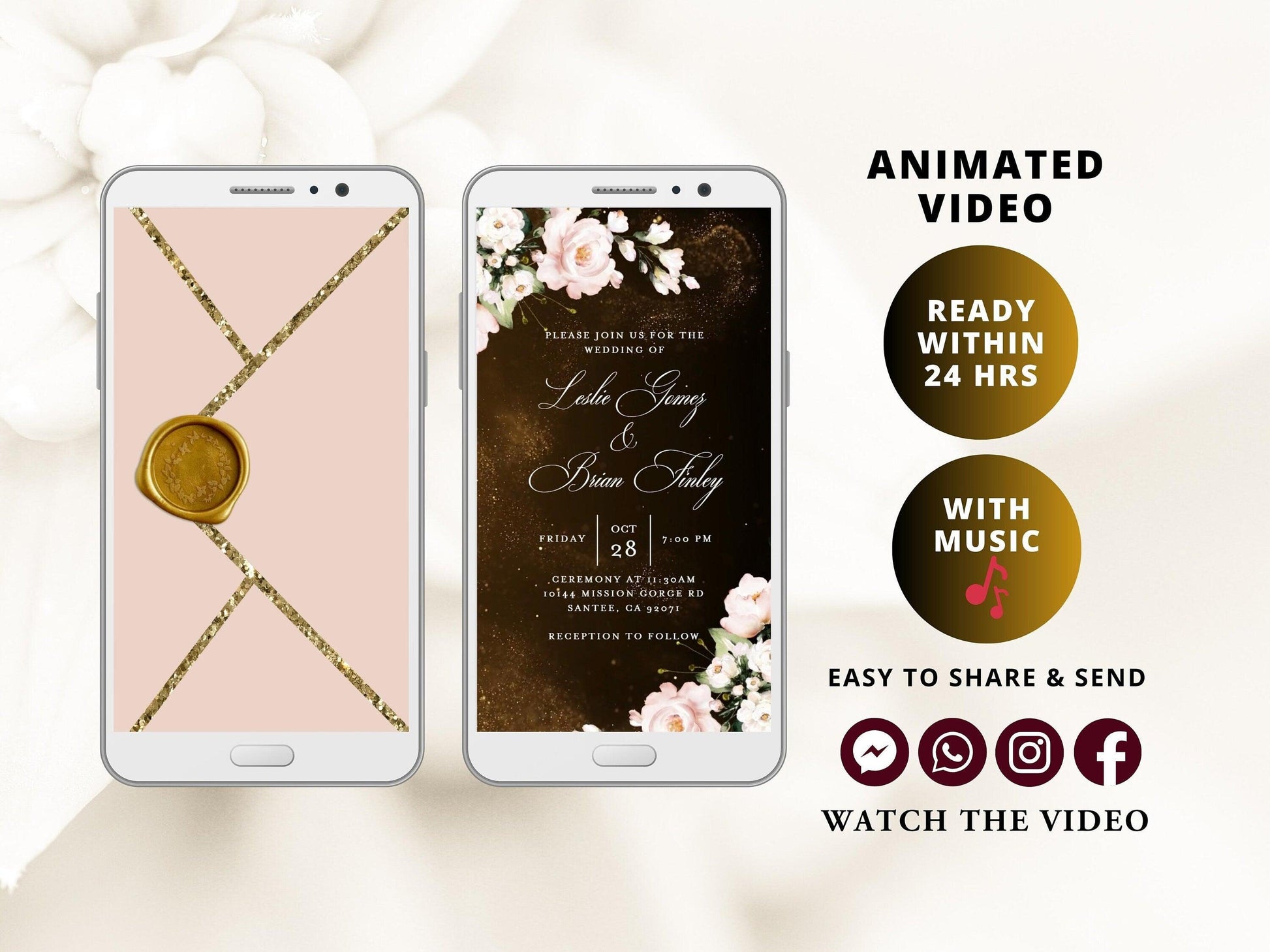 Digital Wedding Invitation with glitter dust and blush flowers, electronic wedding invite with opening pink envelope - SAVVY PAPER CO