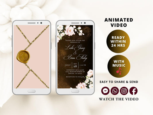 Digital Wedding Invitation with glitter dust and blush flowers, electronic wedding invite with opening pink envelope - SAVVY PAPER CO