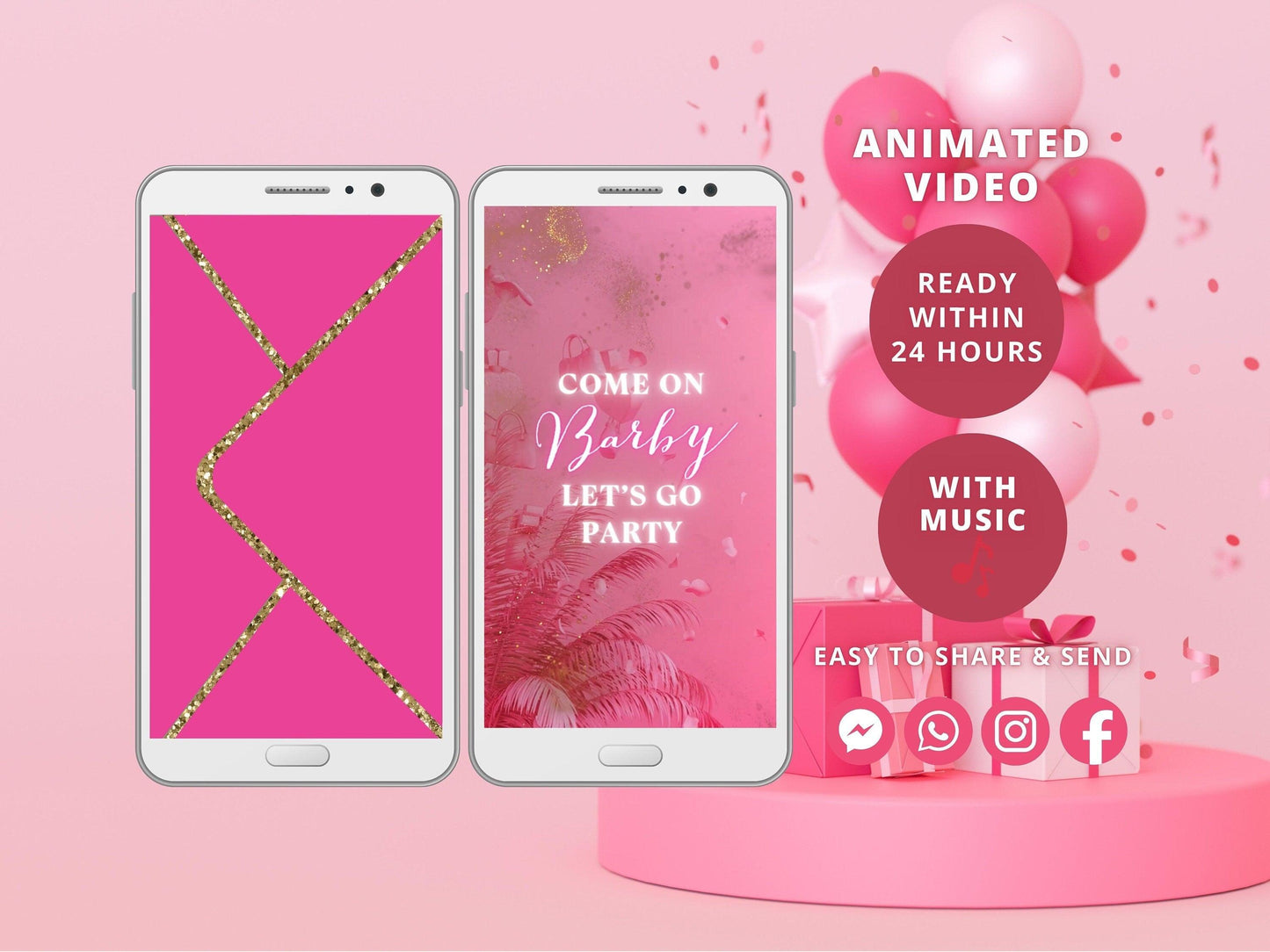 Digital Hot Pink Barbie Birthday Video Invitation, Electronic Doll Party Invite, Gold Glitter Dust, Editable Invitation, Any Age Personalized - SAVVY PAPER CO