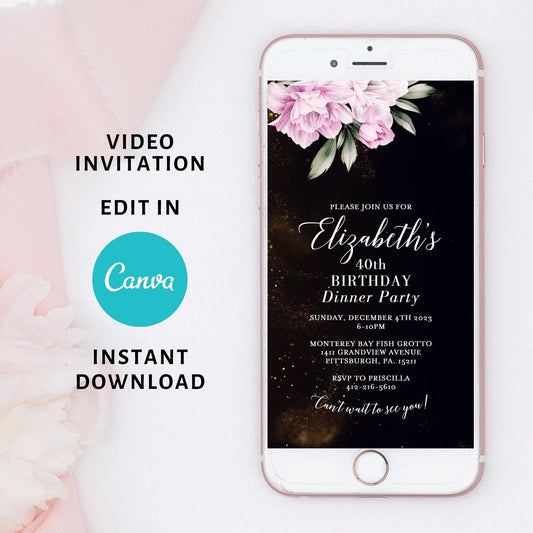 Electronic Birthday Dinner Blush Flowers Invitation,Dinner Party Mobile Invite,Digital Dinner Evite,Birthday Dinner Video Invitation,Any Age - SAVVY PAPER CO