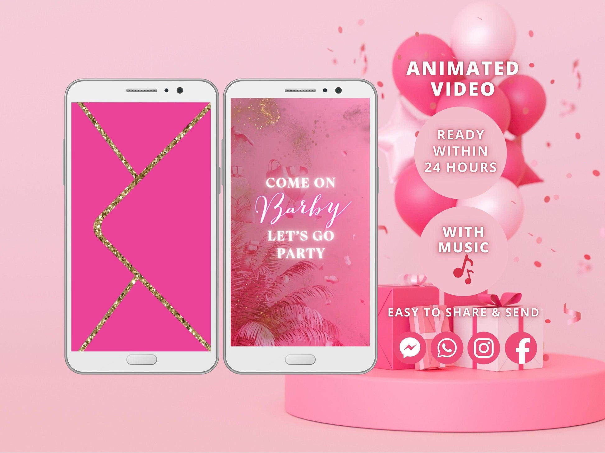 Digital Hot Pink Barbie Birthday Video Invitation, Electronic Doll Party Invite, Gold Glitter Dust, Editable Invitation, Any Age Personalized - SAVVY PAPER CO