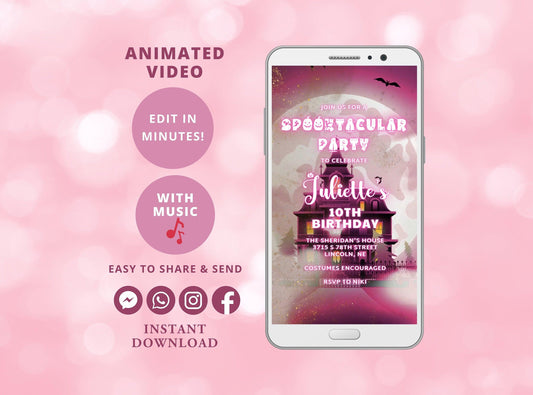 Spooktacular Halloween, Pink Halloween Birthday Invitation, Halloween Girl Video invitation, Halloween Invite, Halloween Party Invite - SAVVY PAPER CO