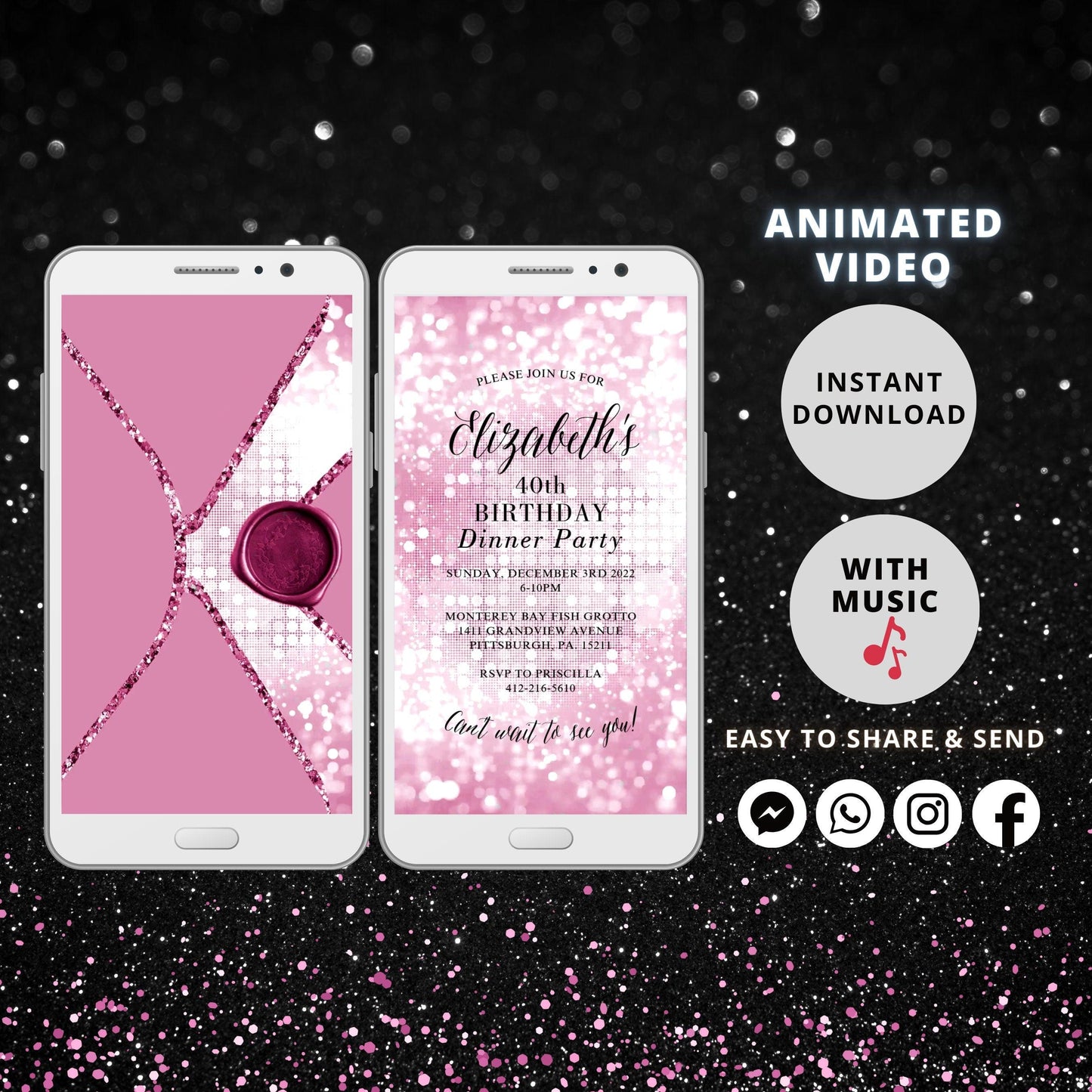 Electronic Birthday Invitation Template, Digital Birthday Invite, Any Age, Pink Glitter, Instant Download Birthday Evite - SAVVY PAPER CO